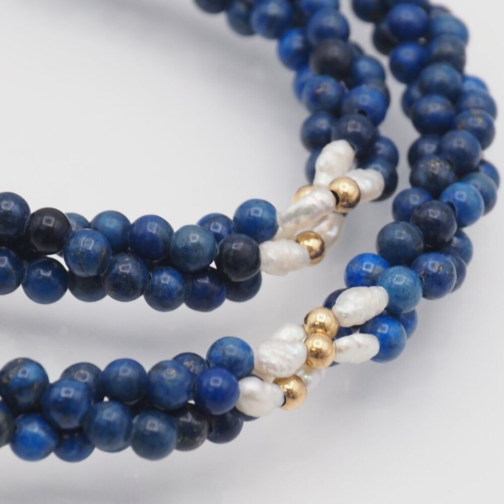 Lapis Lazuli Freshwater Pearl Necklace, 3-strand, Gold Design, GSILVER Stamped, - Picture 6 of 7